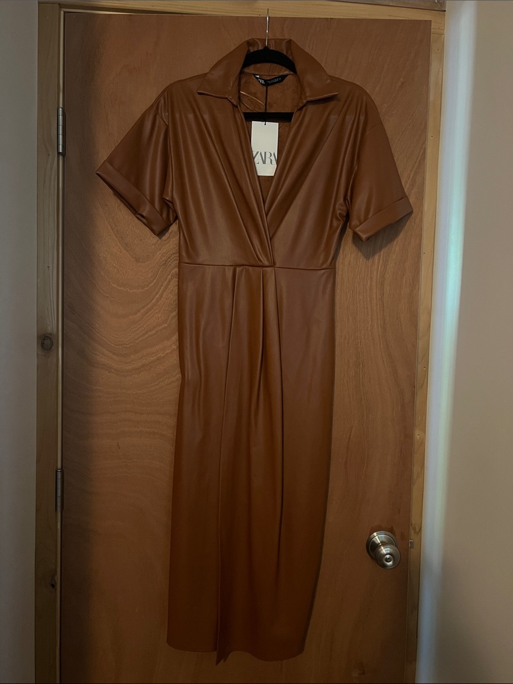 Zara Brown Faux Leather Midi Dress with Short Sleeves